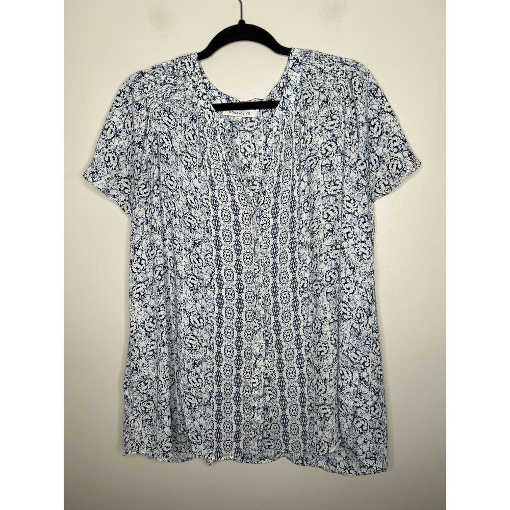 Rose + Olive Women's Top Plus Floral V-Neck Short Sleeve Flowy Buttons Size 2XL